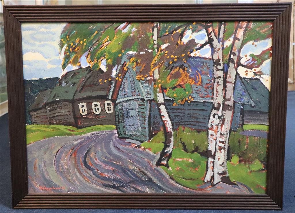 Yuri Matushevski (Russian, 1930-1999) Birch trees and daccas in summer 19 x 27in.